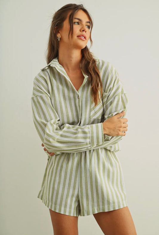 Sage Striped Button Down
Linen Shirt and Elastic Band Waist Shorts