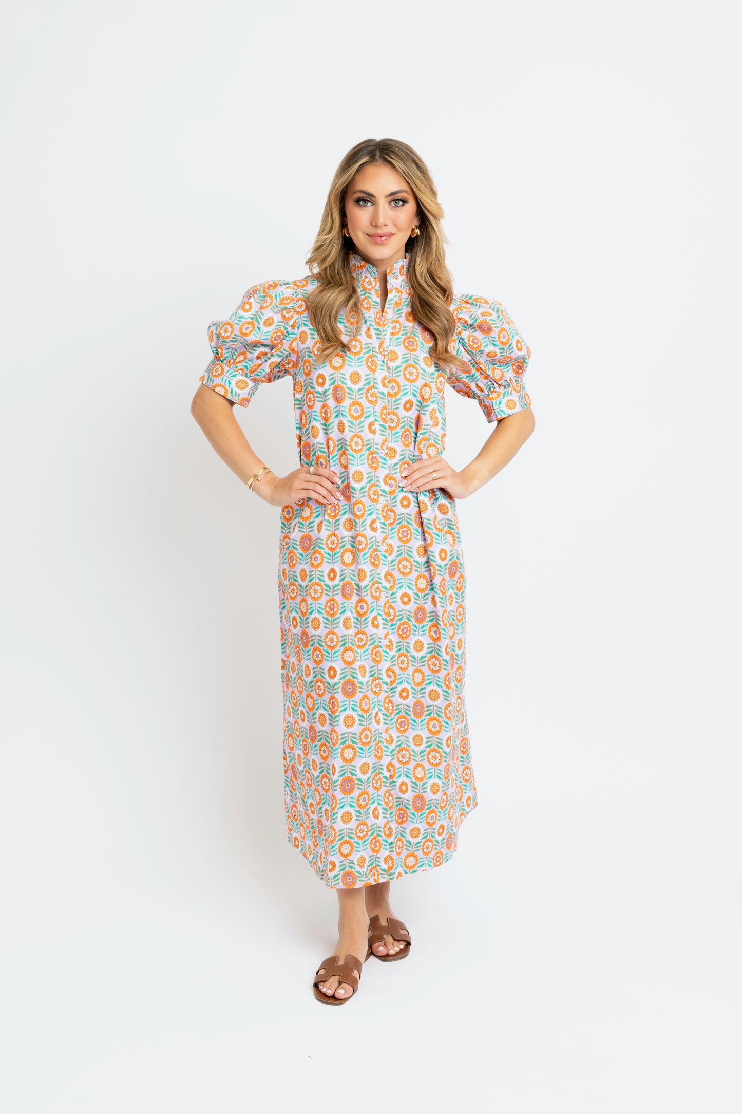Floral Ruffle Neck Button Shirt Maxi Dress