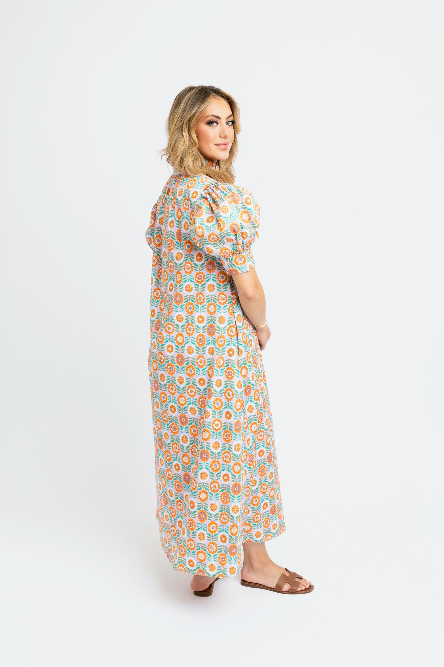 Floral Ruffle Neck Button Shirt Maxi Dress
