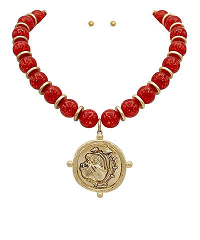 GA Bulldog Face & Bead Necklace
