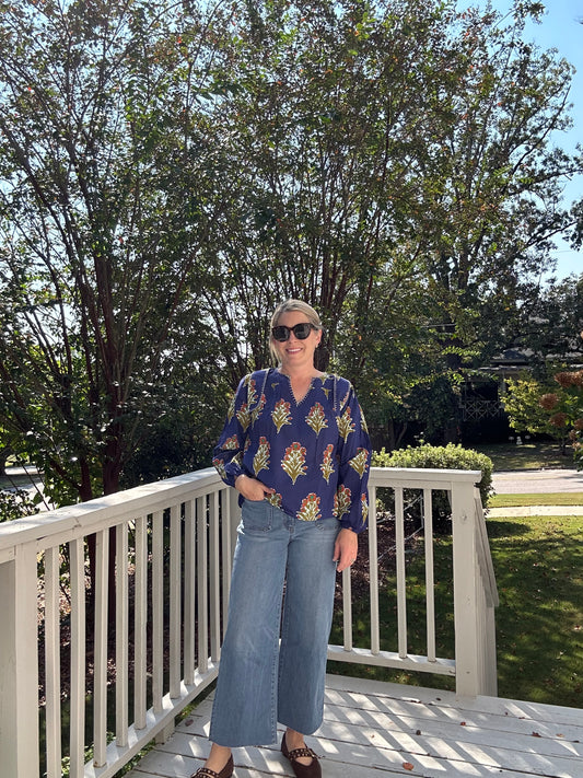 Long Sleeve Floral Detail V-Neck Top