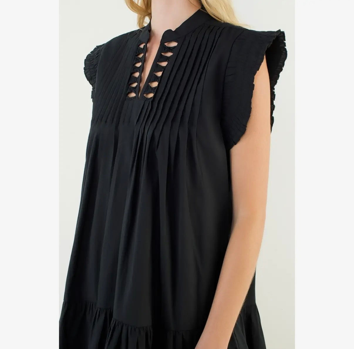 Pleated Split Neck Bow Detail Dress