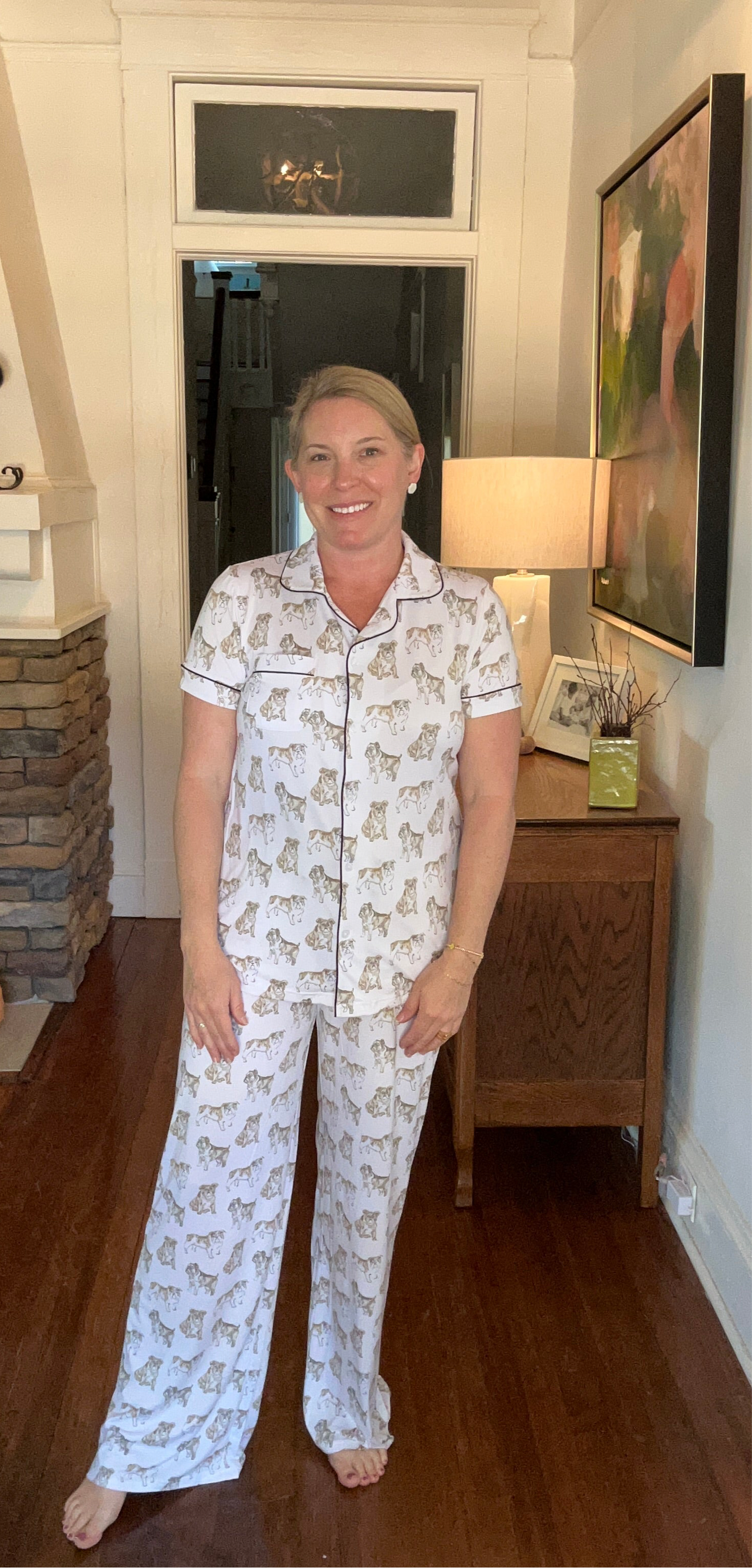 Bulldog Short Sleeve Button Up Sleep Shirt and Pants Set