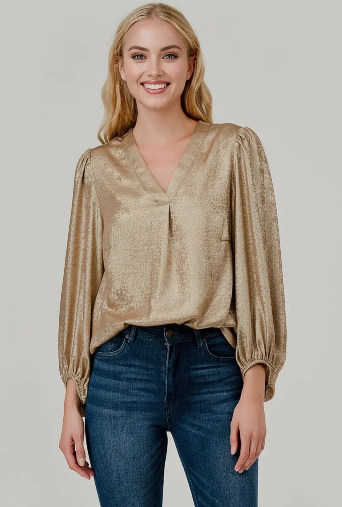 Gold Metallic Foil V Neck
Balloon Sleeve Top