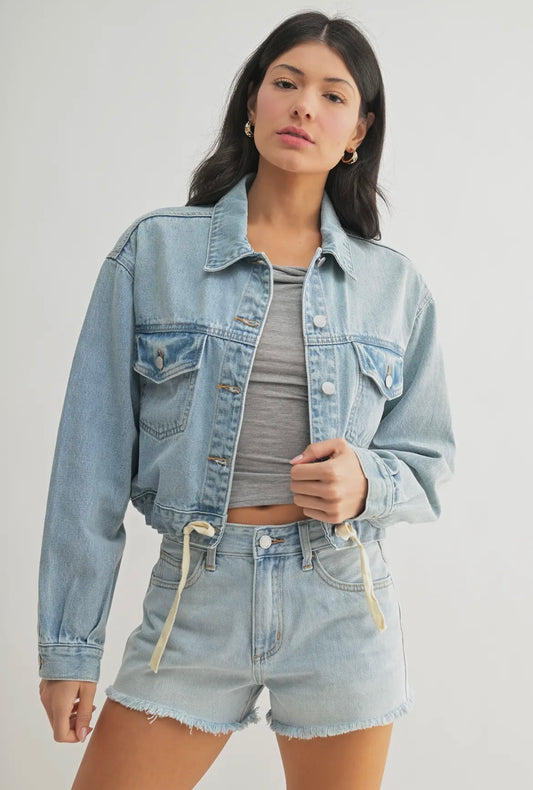 Tied Waist Denim Crop Jacket - Light Denim