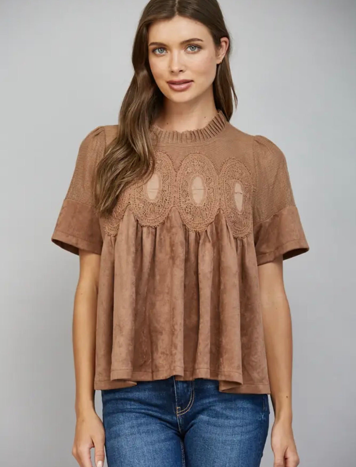Sheer Mesh Upper Panel with Lace Applique Faux Suede Top (Two Colors!)