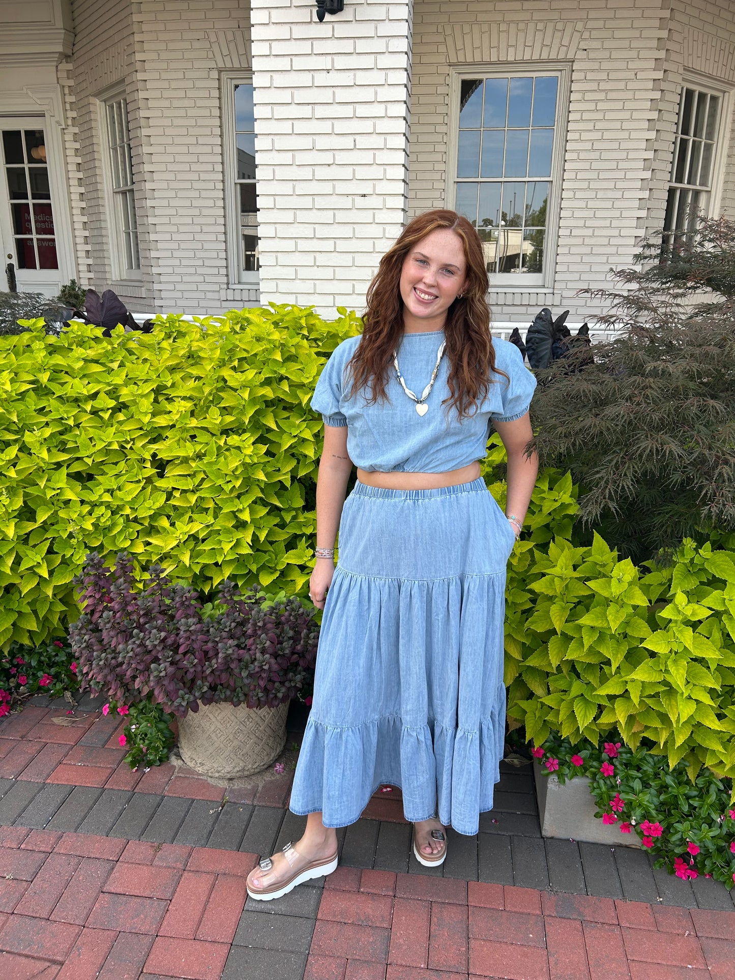 Short Sleeve Cropped Denim Top and Tiered skirt set