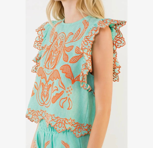 Flutter Sleeve Embroidery detail top