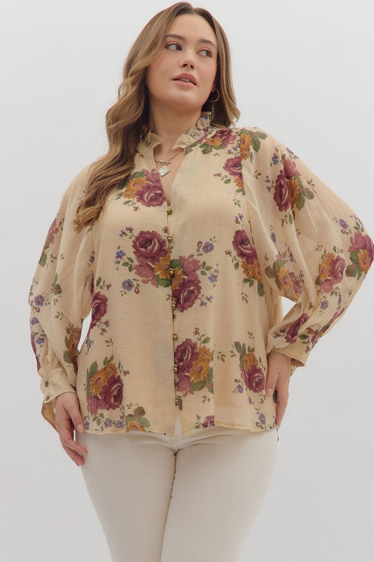 Floral print, long puff sleeve top – Plus