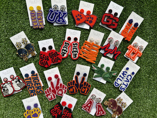 Beaded, lightweight earrings in school colors for college teams. 