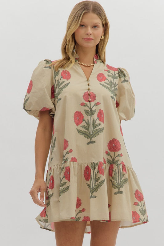 Floral short bubble sleeve dress