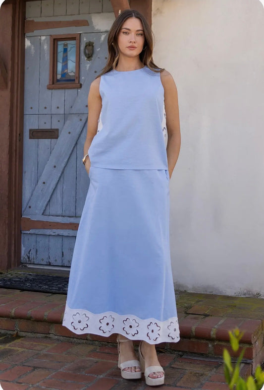 Embroidered Floral Cutout Sleeveless Top and Midi Skirt Set