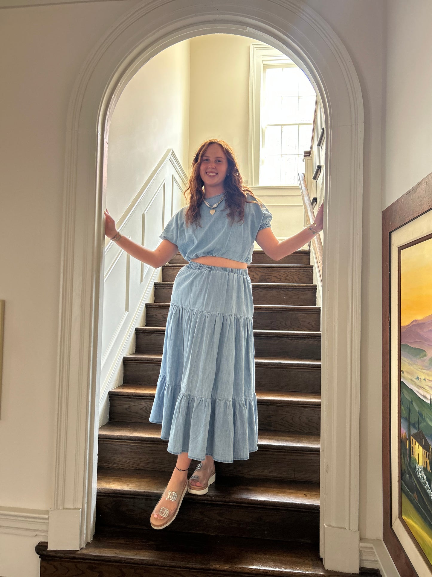 Short Sleeve Cropped Denim Top and Tiered skirt set