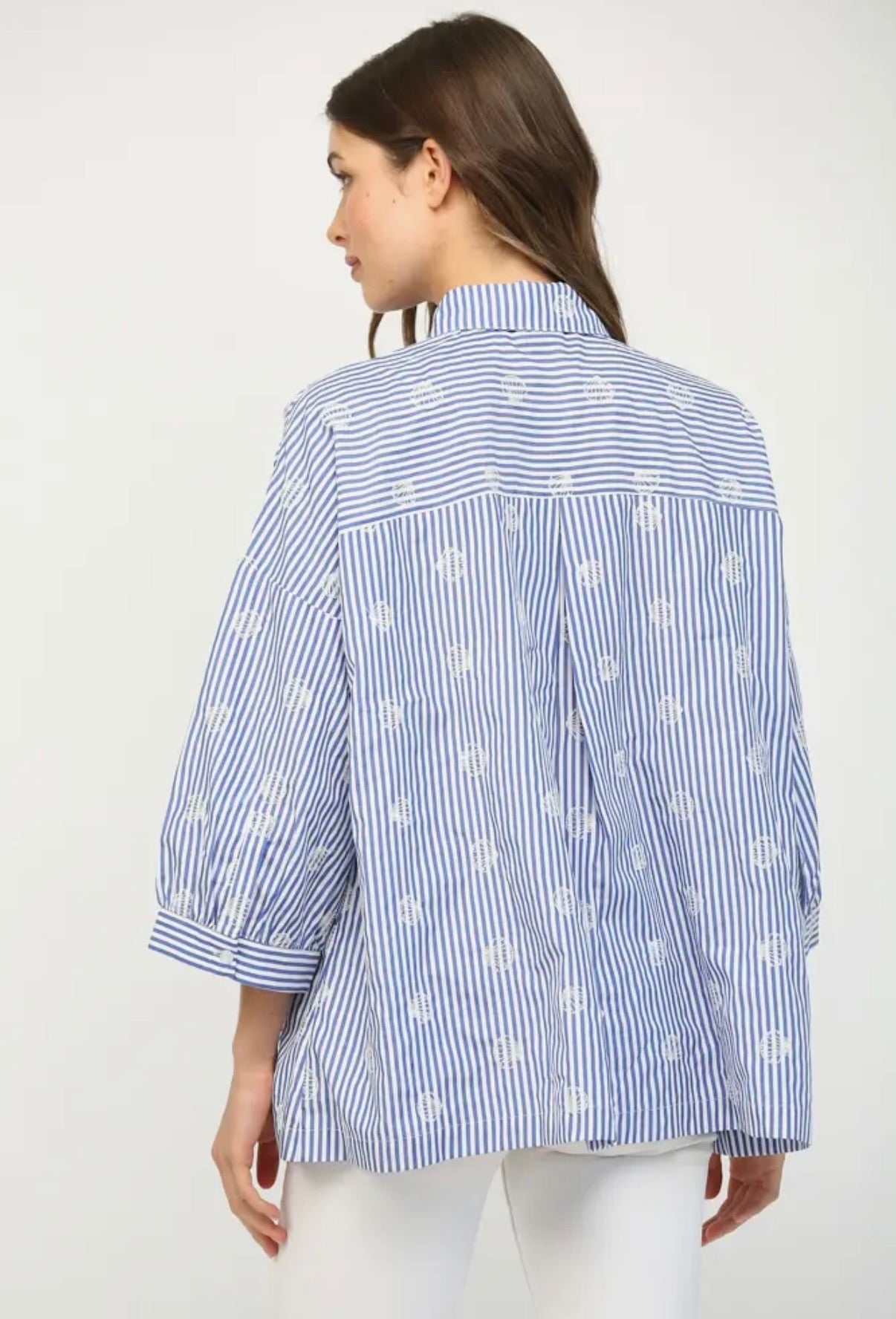Stripe + Shell Embroidery Button
Down Blouse
