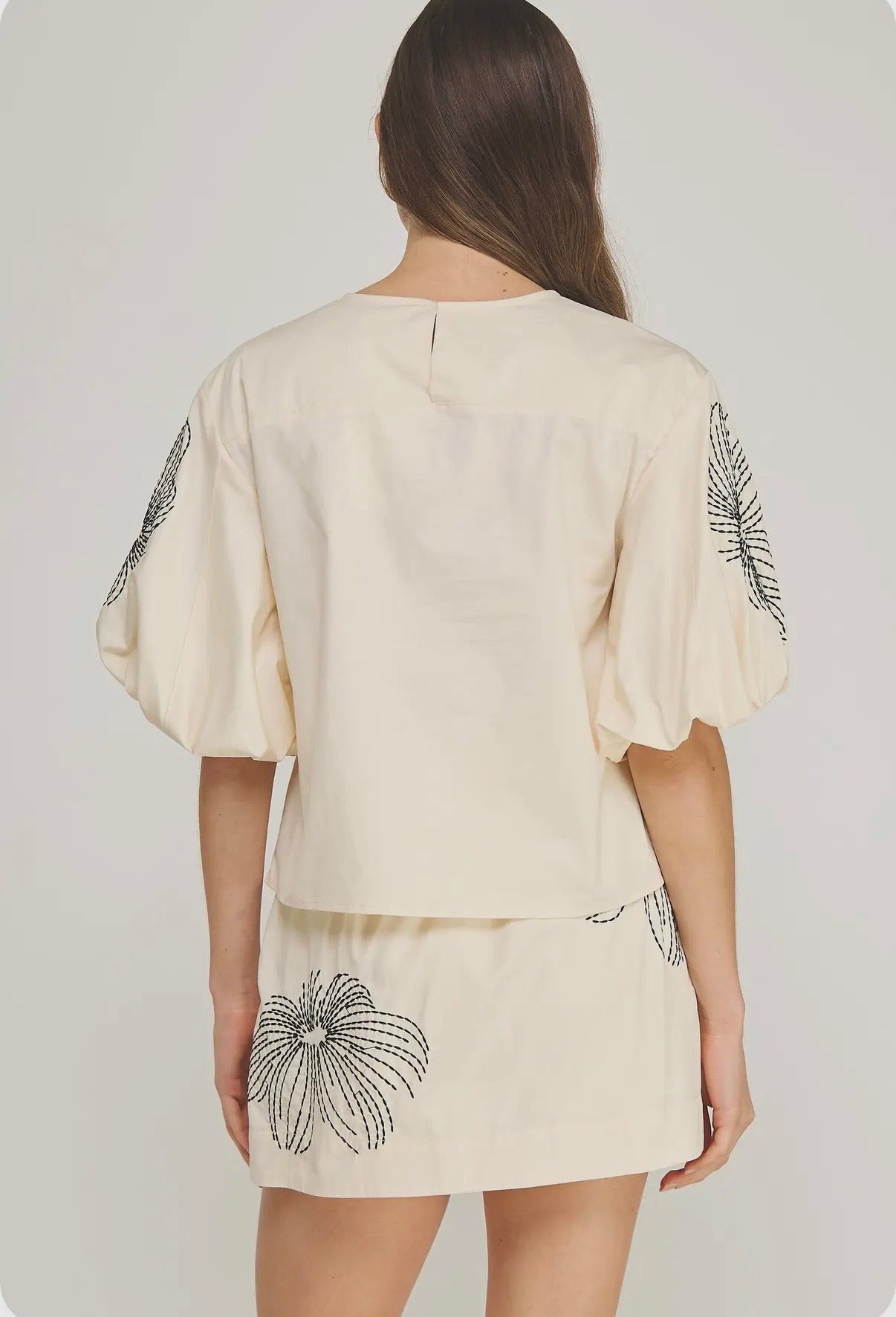 Floral Embroidered Puff Sleeve Top and Smocked Waist Skort Set