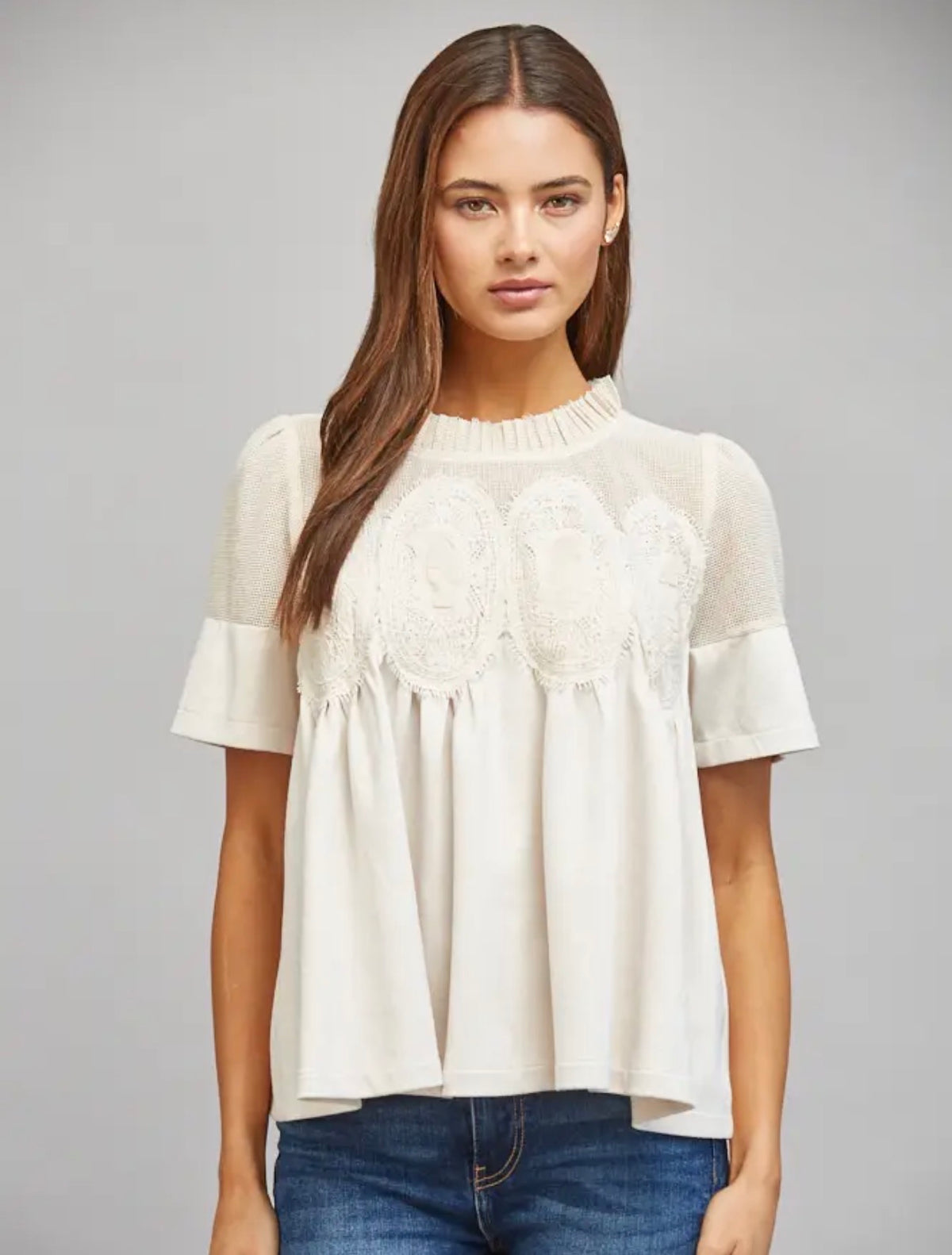 Ivory Sheer Mesh Upper Panel with Lace Applique Faux Suede Top