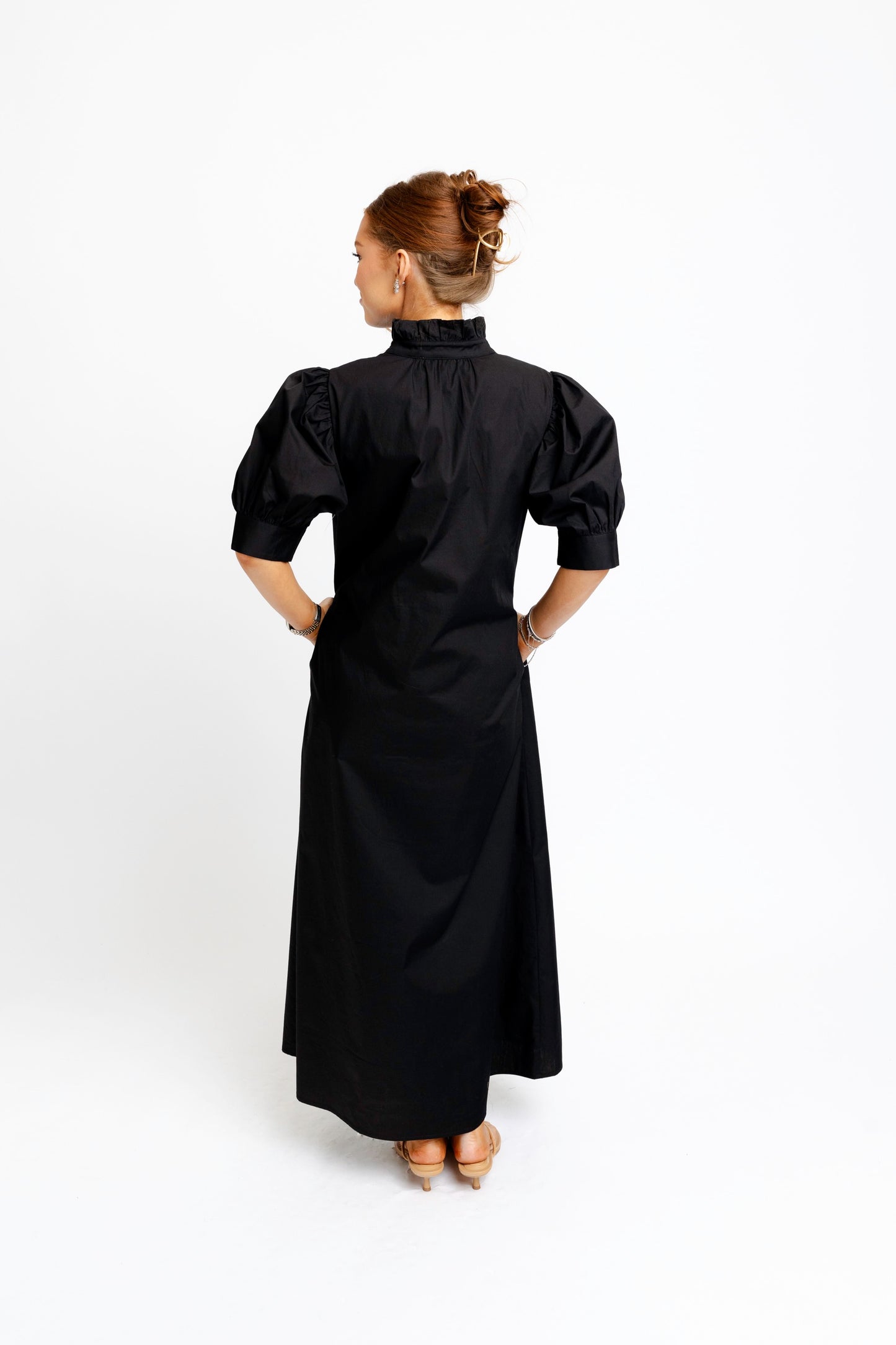 Solid Poplin Ruffle Neck Maxi Shirt Dress