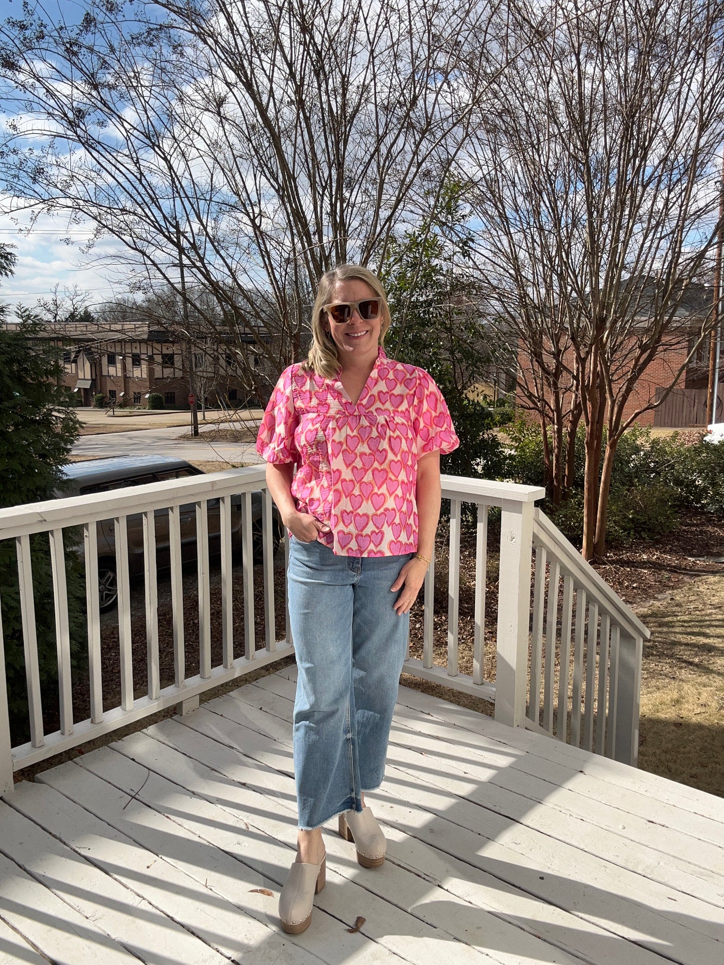 Heart print puff sleeve top