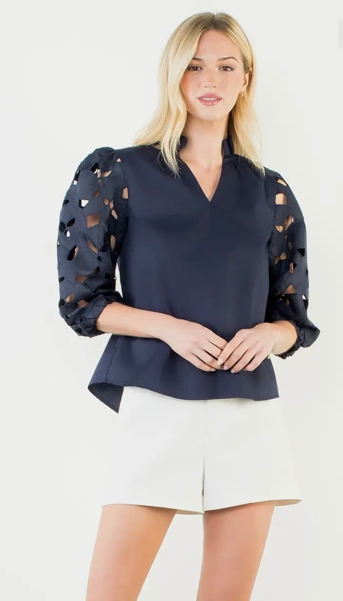 Navy Eyelet Detail Long Sleeve Top