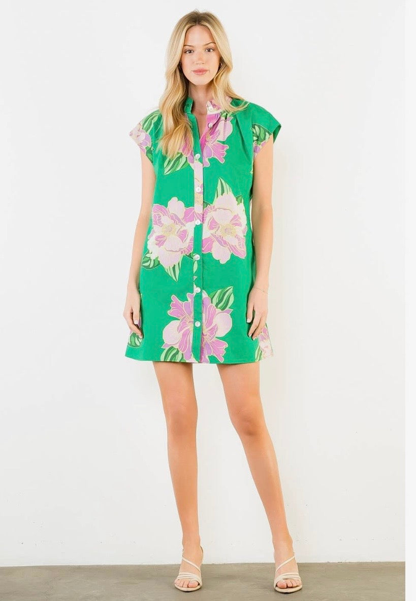 Short Sleeve Floral Print Button
Up Dress