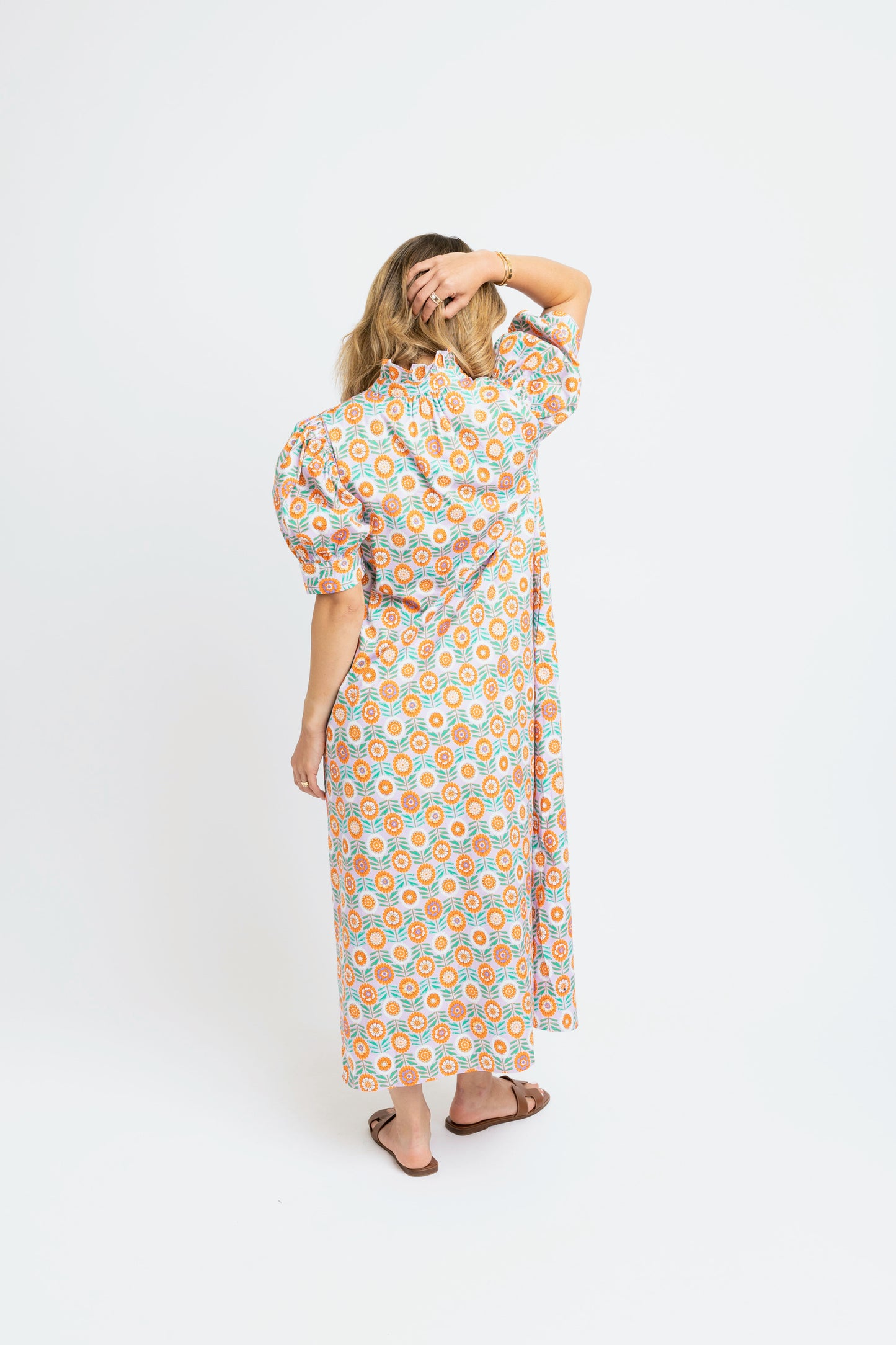 Floral Ruffle Neck Button Shirt Maxi Dress