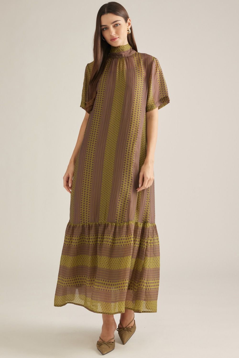 Mixed print short sleeve maxi