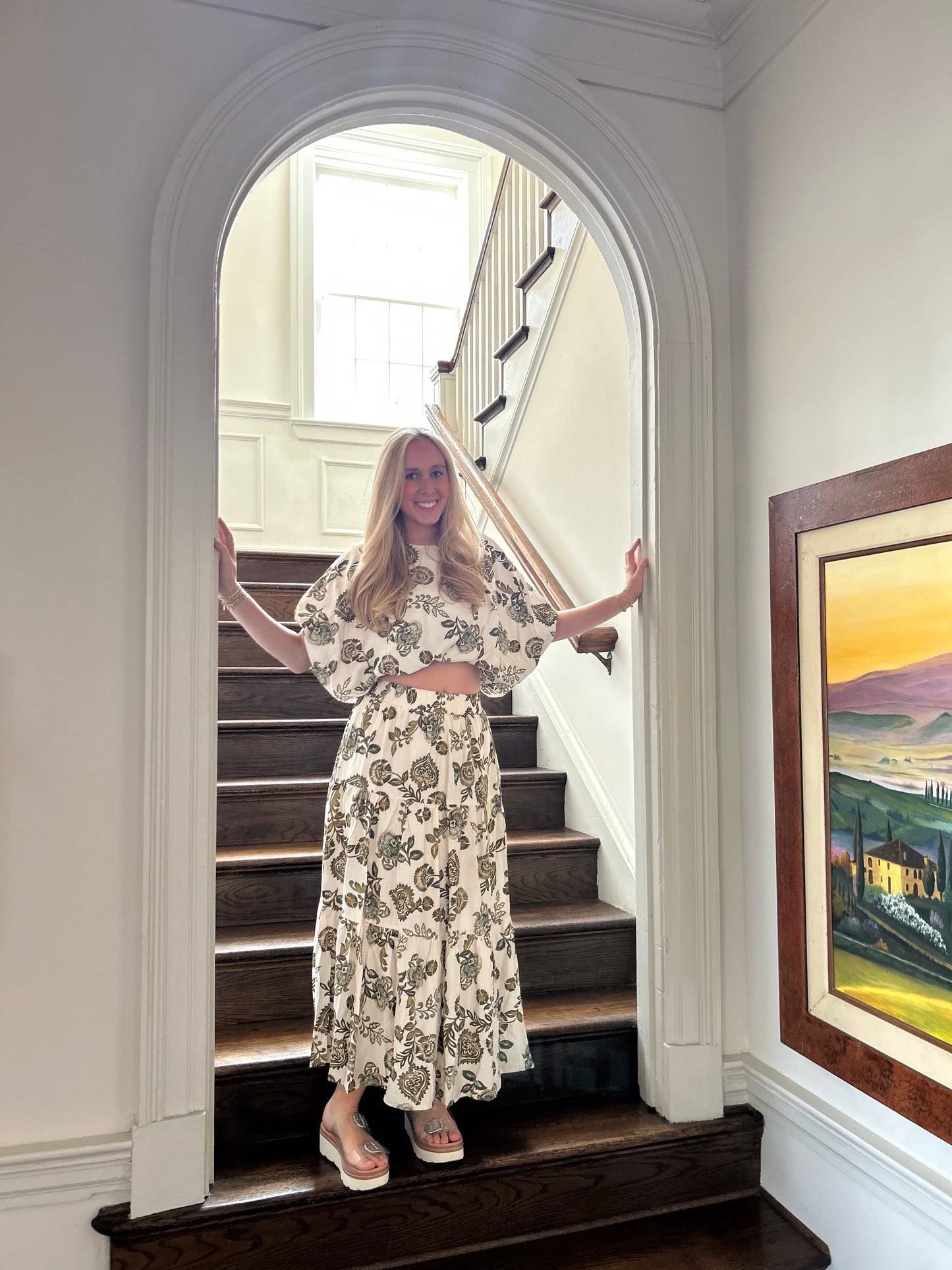 Olive bubble hem top + skirt set