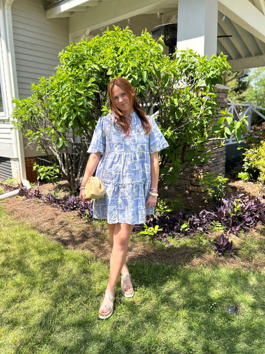Striped Cotton Floral
Embroidered Tiered Woven Dress