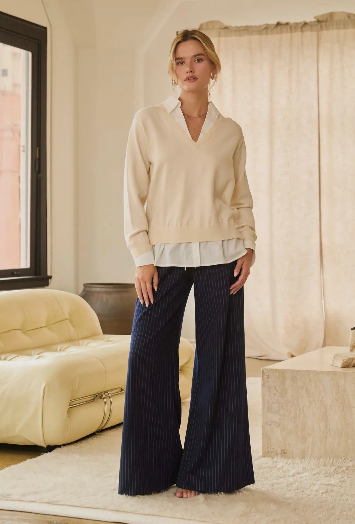 Layered Look V-Neck Mixed
Media Sweater