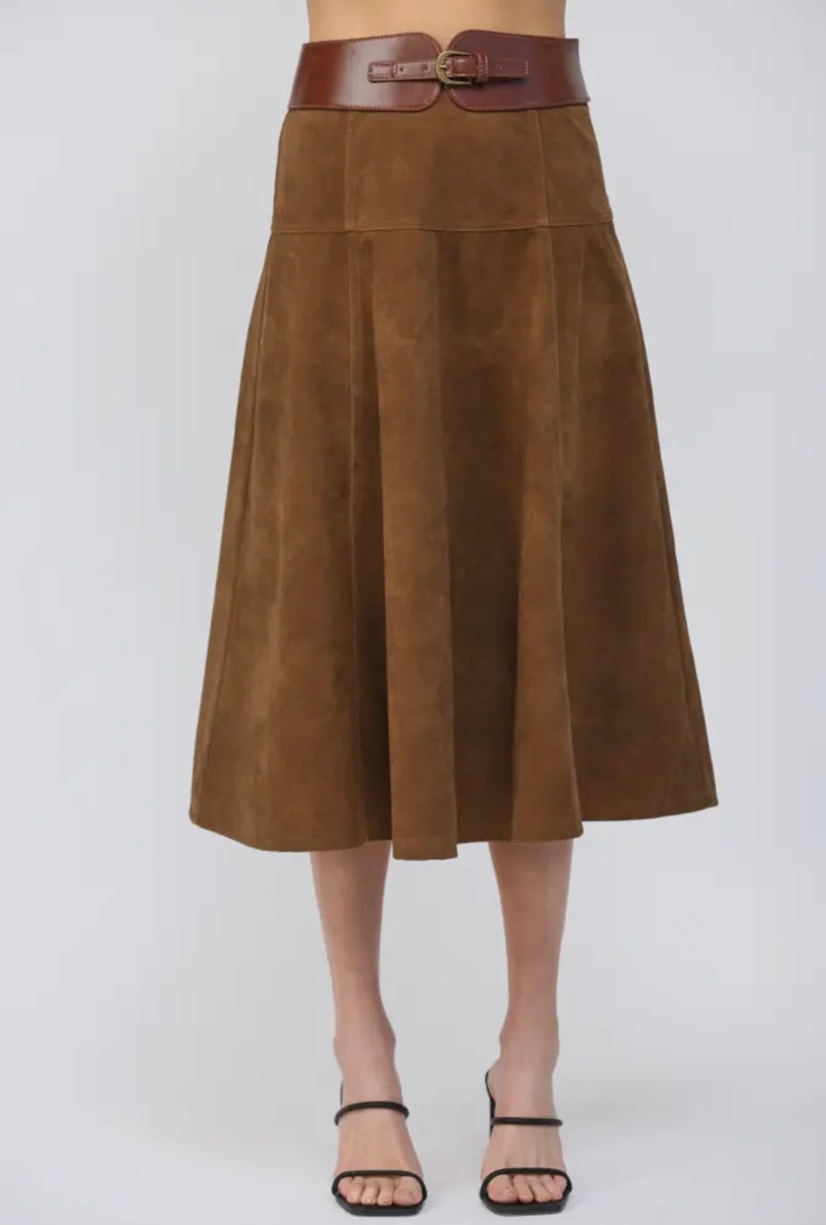 High Waisted Belt Detail A-Line Faux Suede Skirt