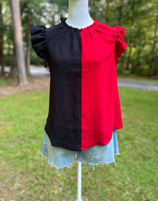 Black and Red colorblock ruffle neck and ruffle sleeve top. 