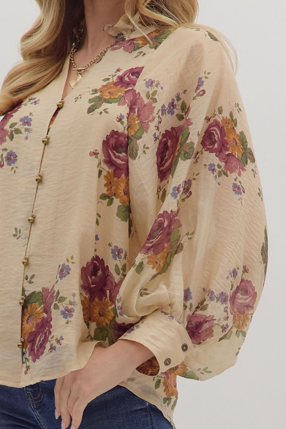 Floral print, long puff sleeve top