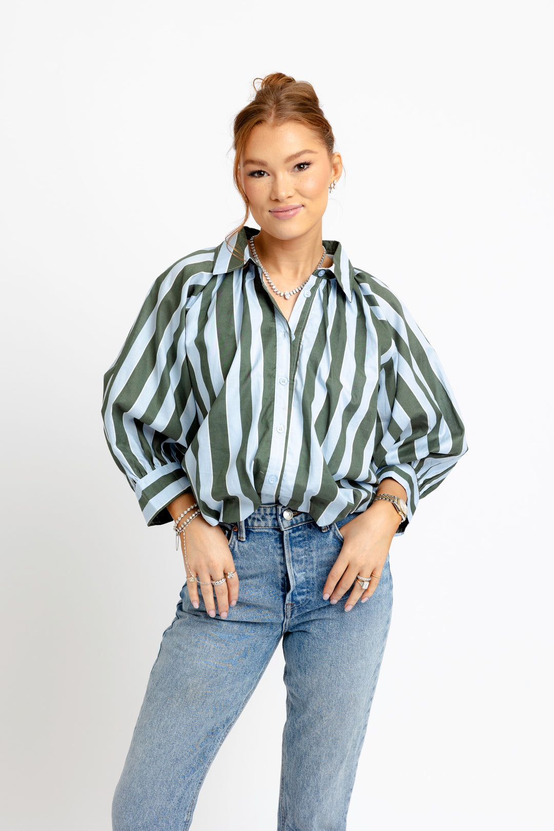 Stripe Collar Bubble 3/4 Sleeve Top