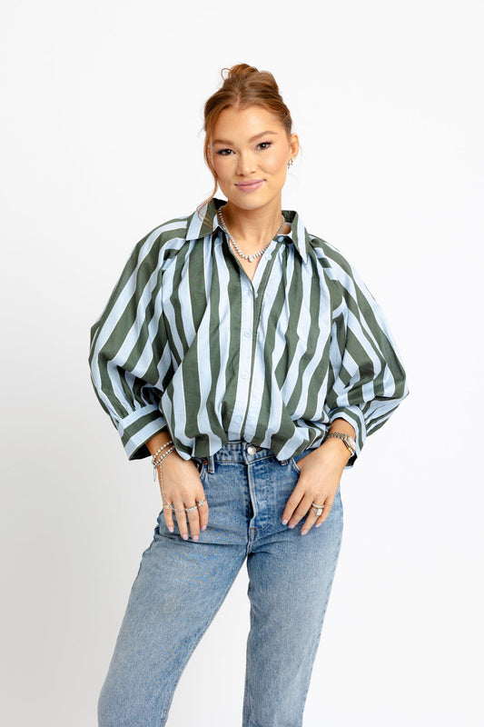 Stripe Collar Bubble 3/4 Sleeve Top
