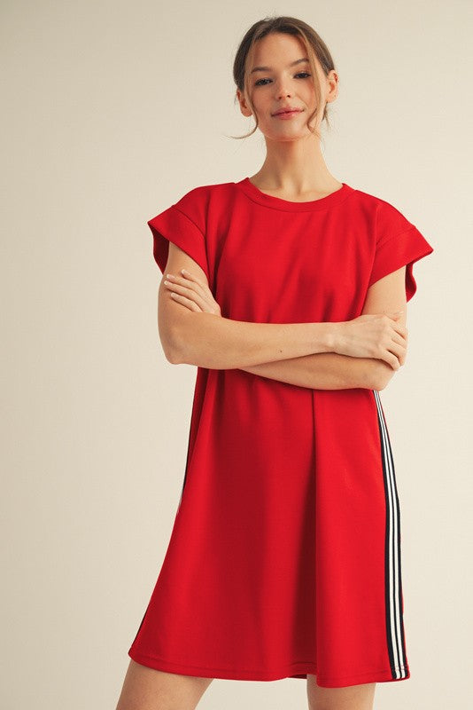 Red dress with black + white stripes