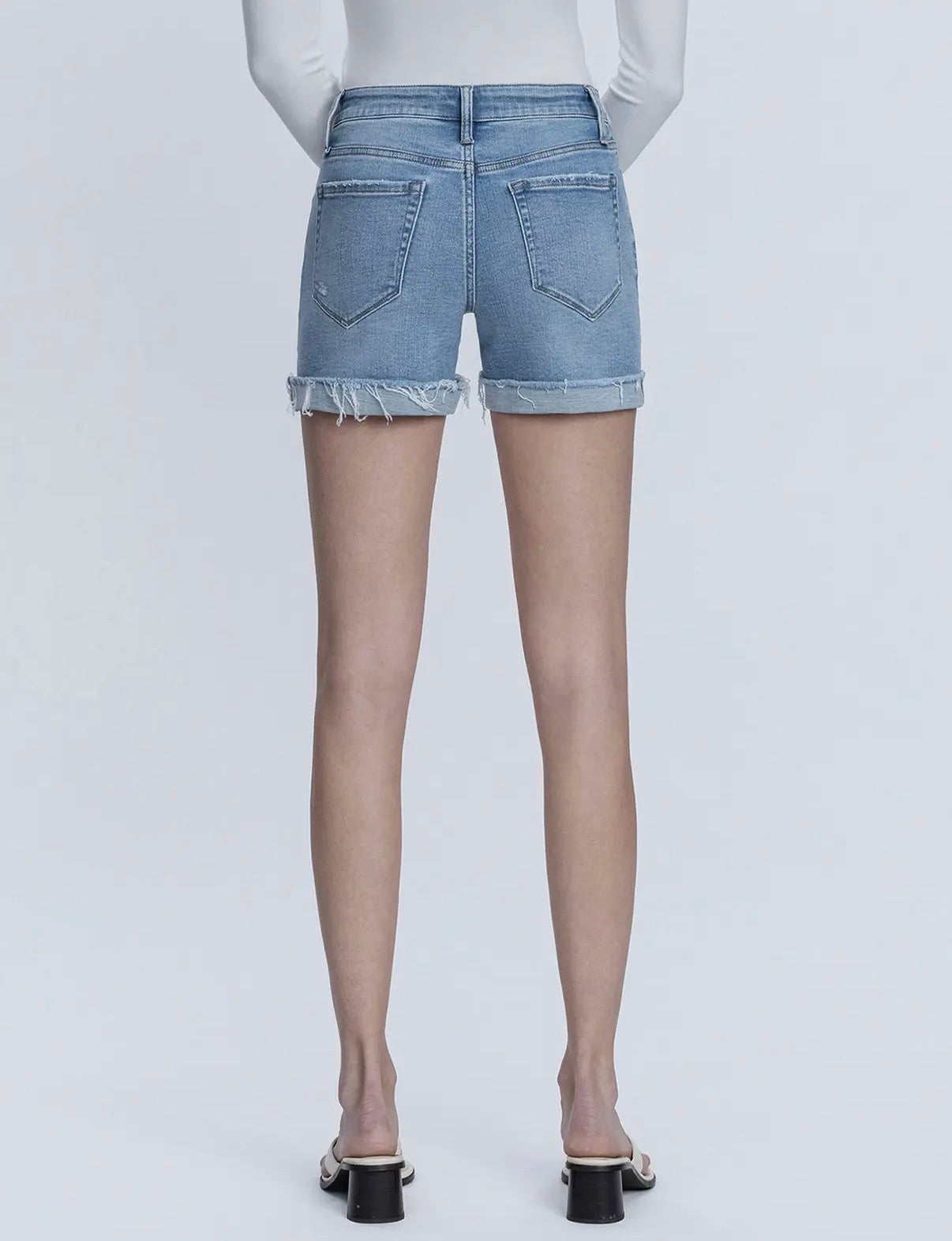 Mid Rise Medium Wash Cuffed Denim Shorts