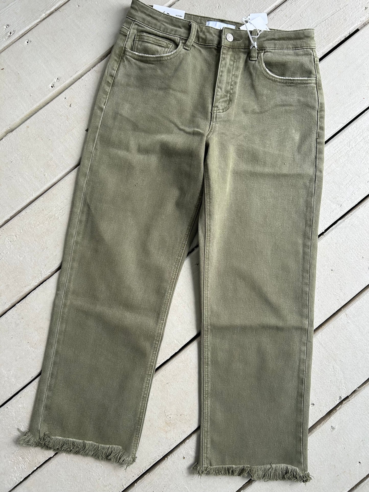 Deep Lichen Green - High Rise Raw Crop Straight Jeans