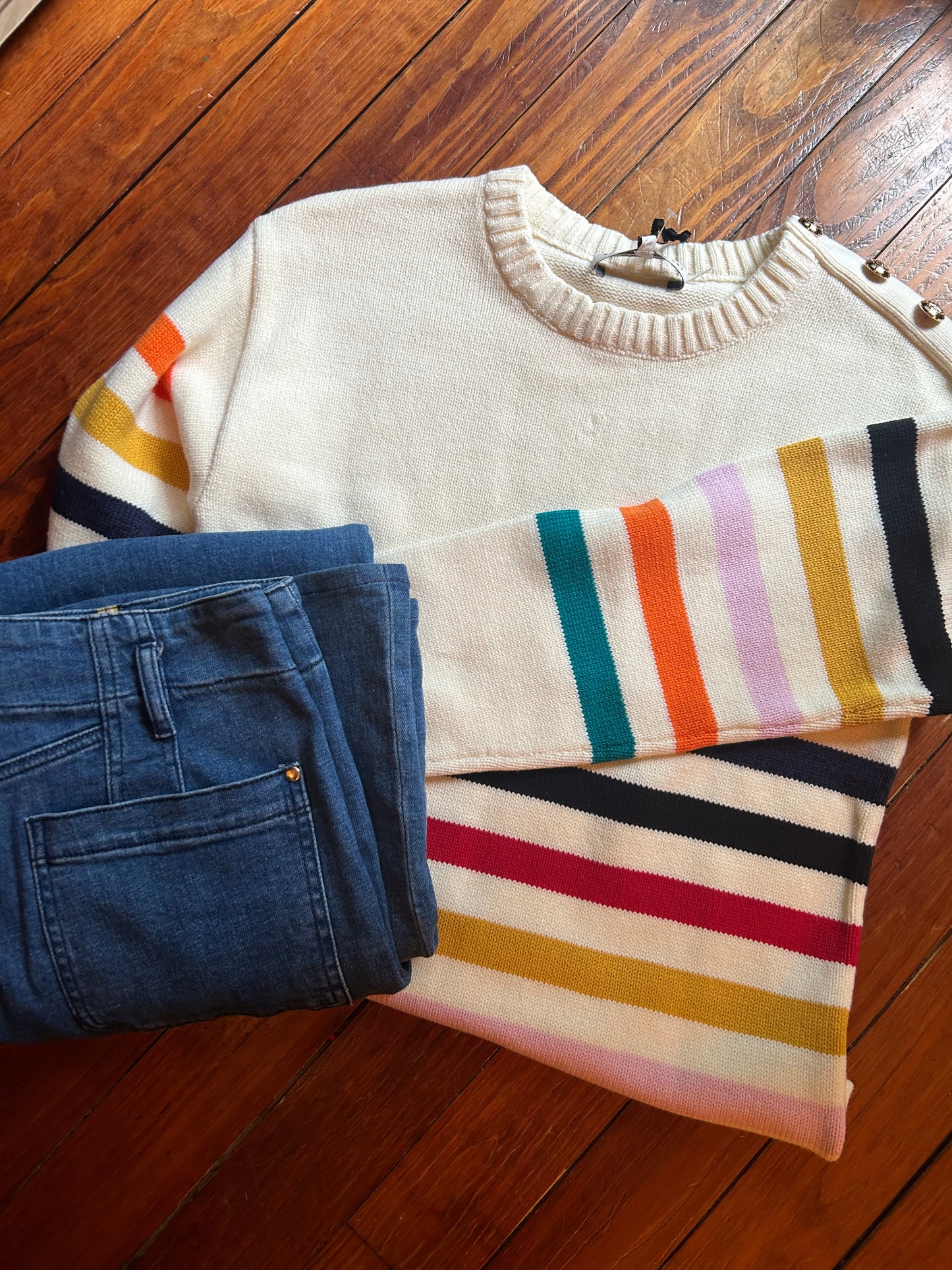 Multi stripe sweater with gold buttons