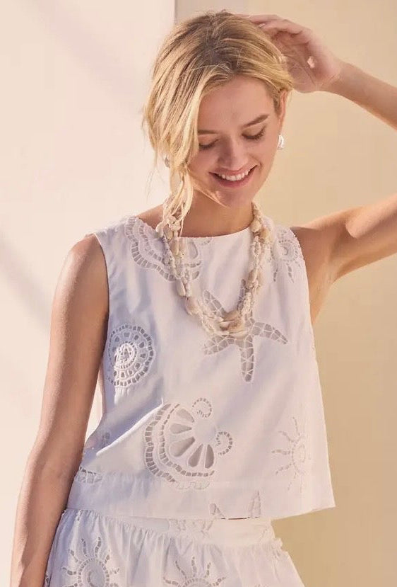 Seaside Embroidered Eyelet
Sleeveless Top (Two colors!)