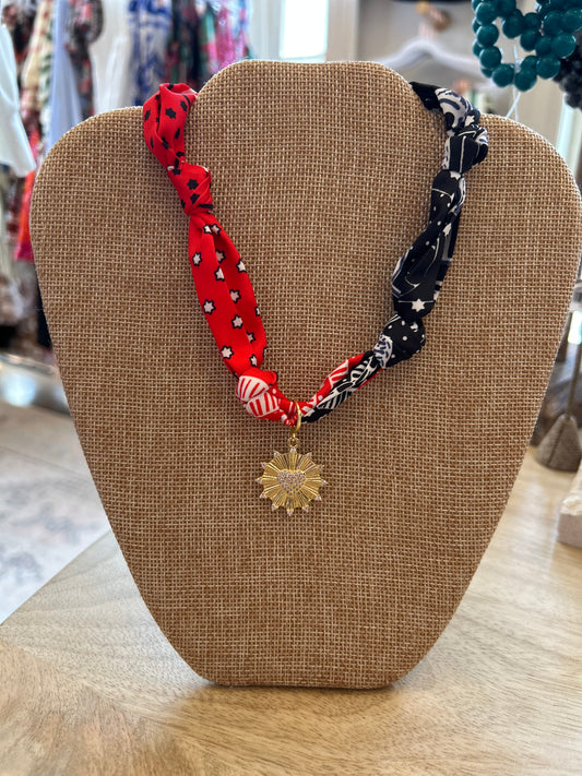 Black + Red Scarf Necklace with Sunny Heart