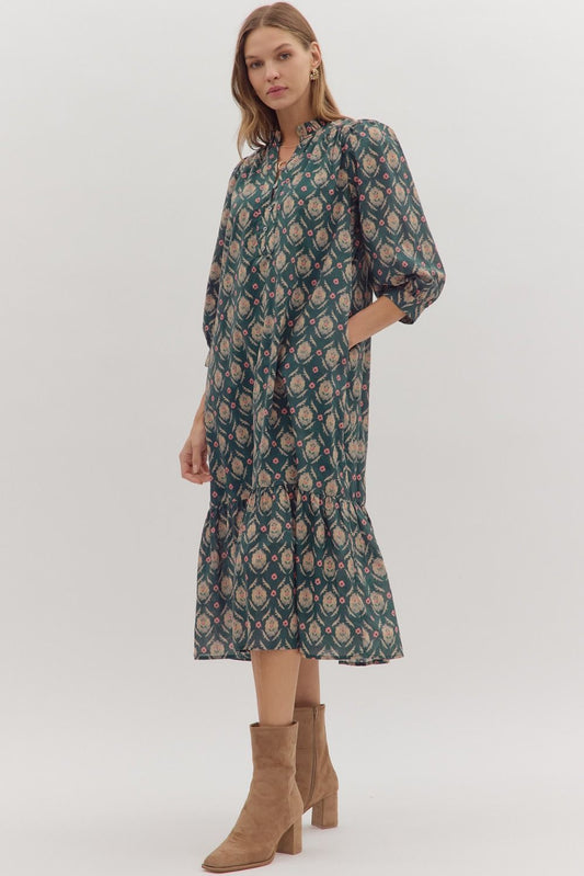 Teal Green Floral Midi Dress