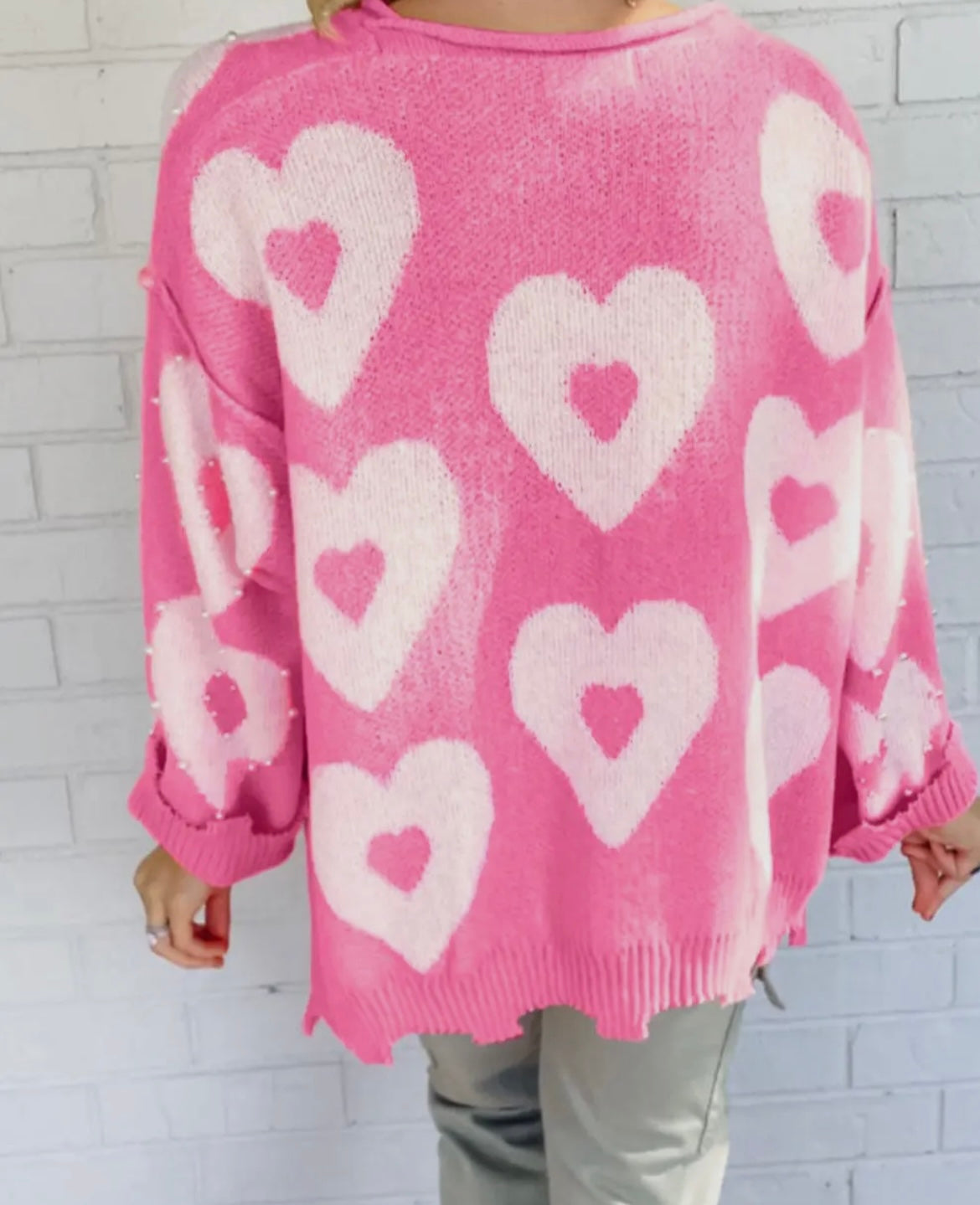 Beaded Heart Drop Shoulder Sweater