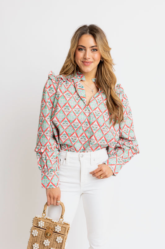 Paris Floral V-neck Ruffle Sleeve Too