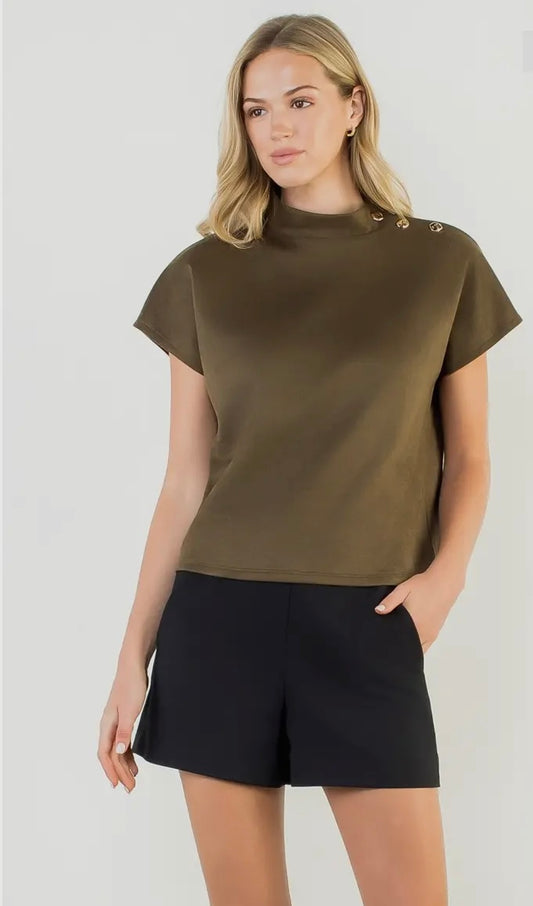 Button Detail Short Sleeve Suede Top