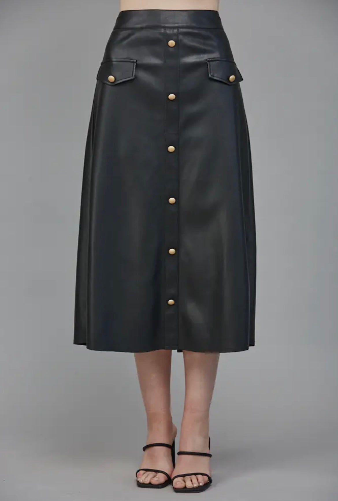 Button in the Front High Waisted
Faux Leather Skirt