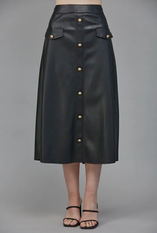Button in the Front High Waisted
Faux Leather Skirt