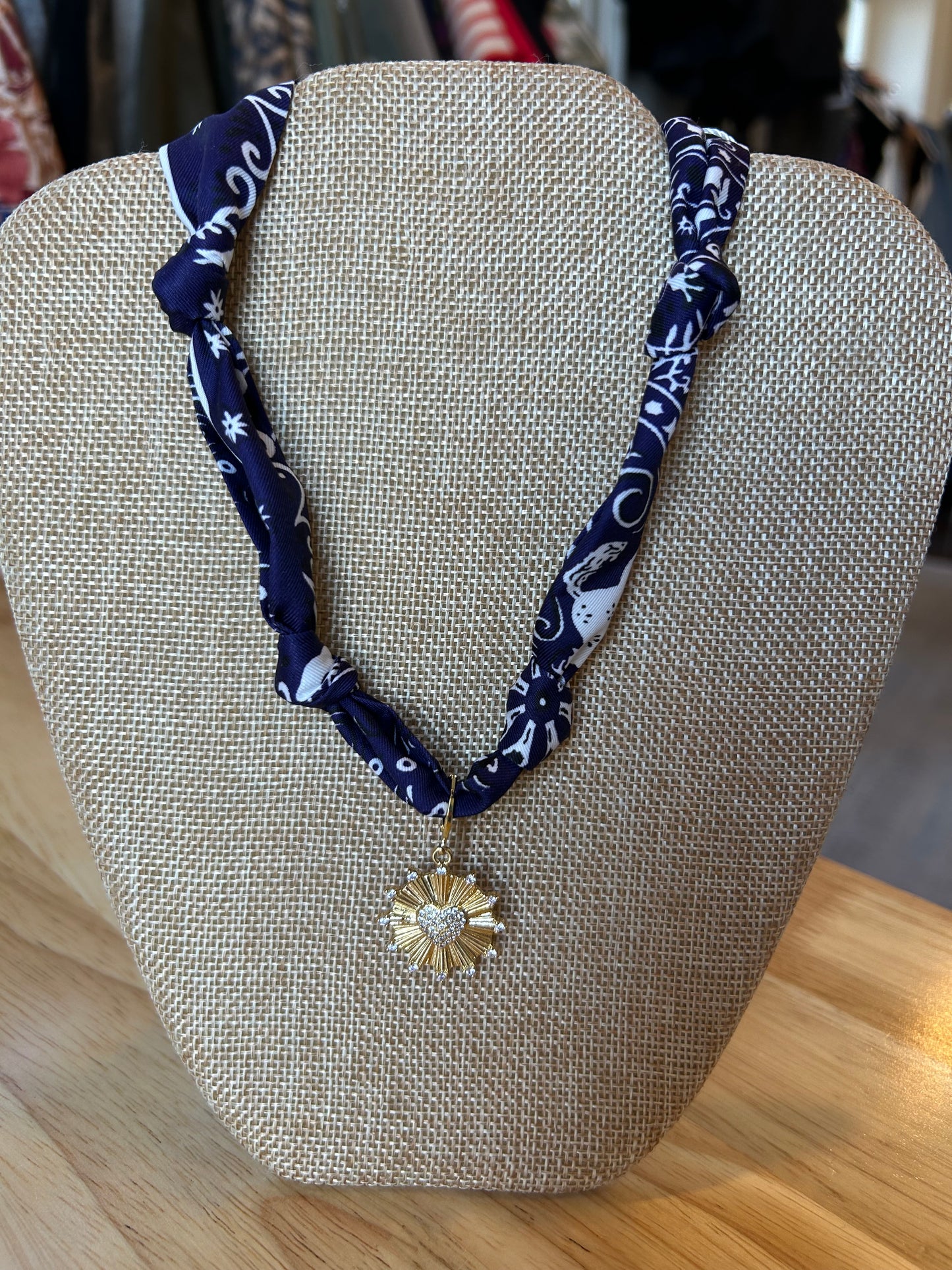 Knotted Navy Bandana Scarf with Heart Charm