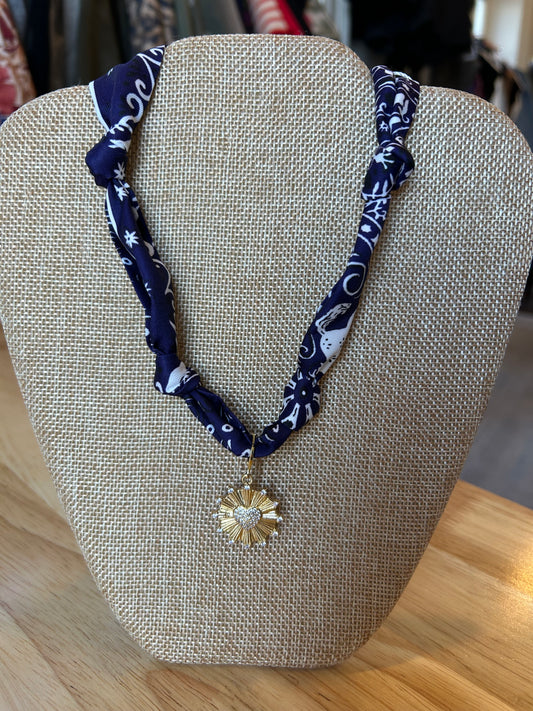 Knotted Navy Bandana Scarf with Heart Charm