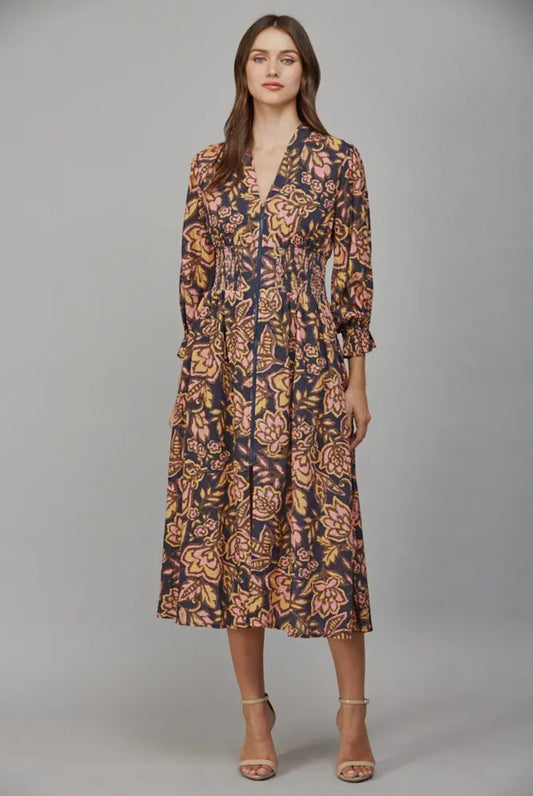 Floral Print Gathered Waist Front Zip Closure Dress