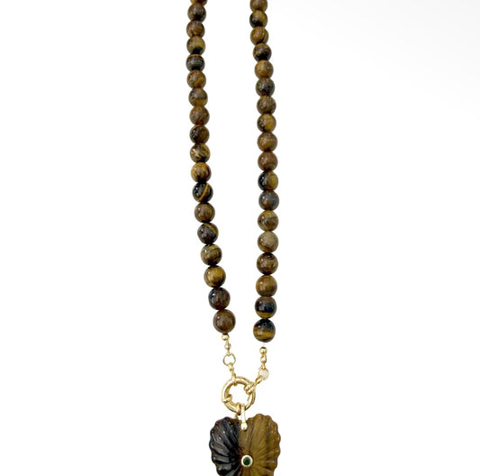 Briar Beaded Necklace with Heart Pendant - Tigers Eye